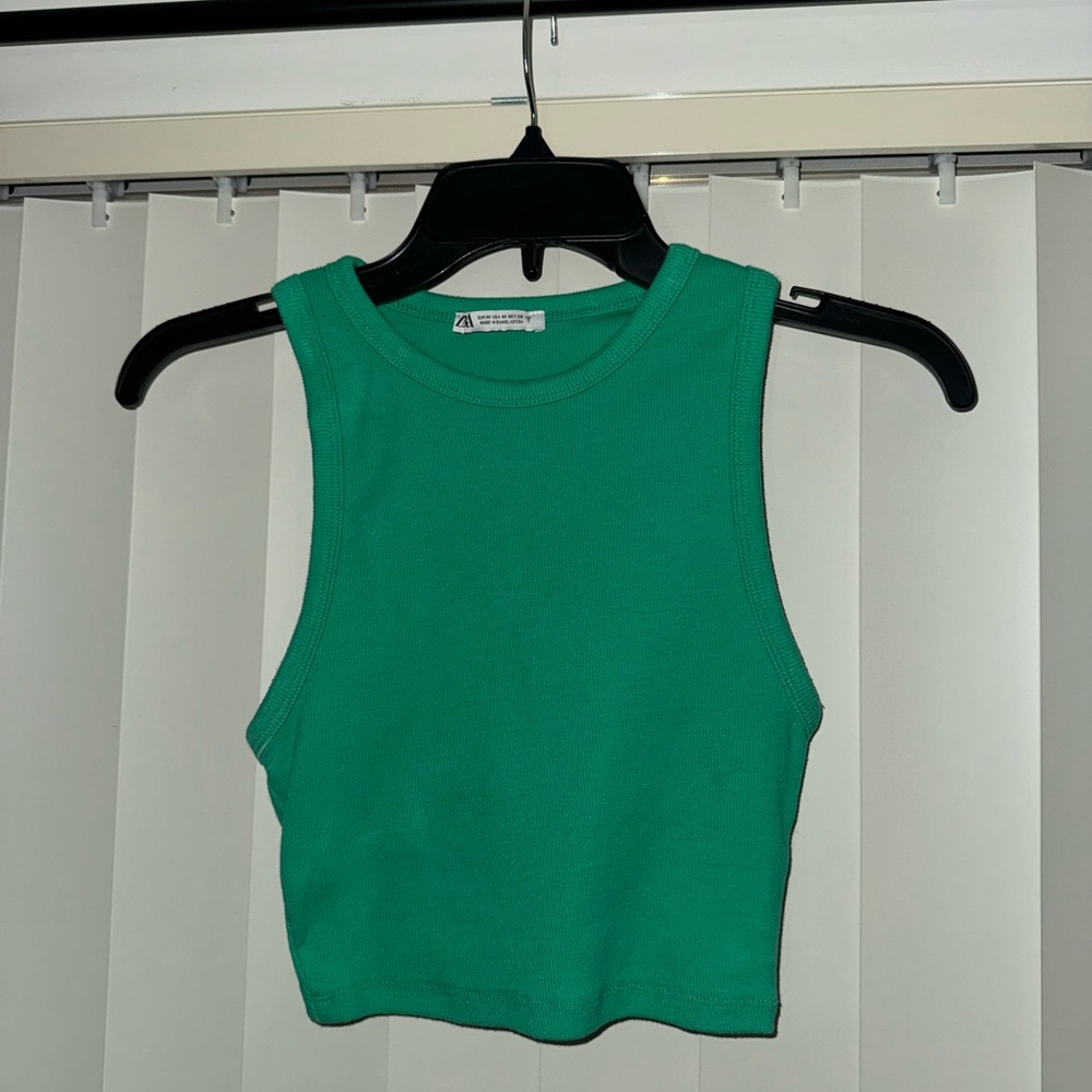 Zara Green Fitted Sleeveless Crop Tank